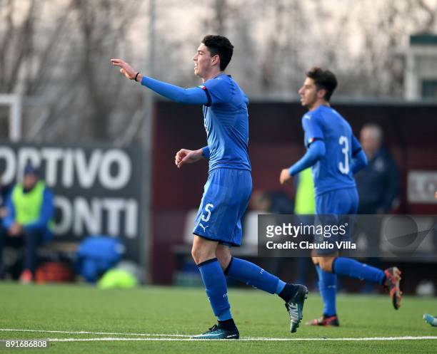Alessandro Bastoni of Italy celebrates after scoring the fifth goal during the international friendly match between Italy U19 and Finland U19 on...