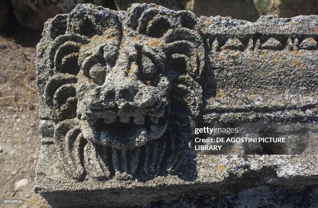 Italy, Sicily, Solunto, Frieze with leonine head at ruins of ancient city of Phoenician origin