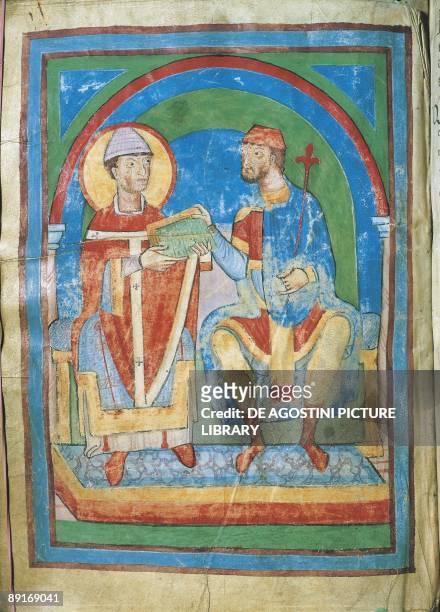 Miniature, 9th century, Emperor Ludovic II and Pope Niccolo I