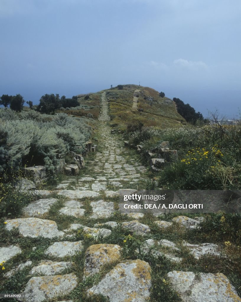 Italy, Sicily, Solunto, Steps at ruins of ancient city of Phoenician origin with Hellenistic-Roman structure