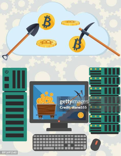bitcoin blockchain cryptocurrency concept - mining cart stock illustrations