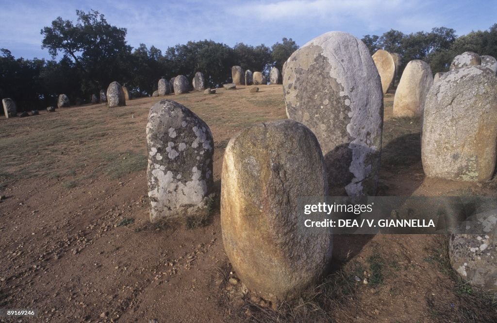 Portugal, Alto Alentejo, The Almendres Cromlech megalithic complex, monoliths from Neolithic period
