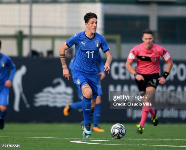 Nicolo Zaniolo of Italy in action during the international friendly match between Italy U19 and Finland U19 on December 13, 2017 in Brescia, Italy.