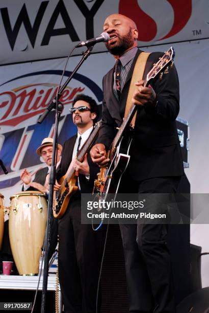 Bugaloo Velez, Bosco Mann AKA Gabriel Roth and Binky Griptite of Sharon Jones and the Dap Kings perform on stage at the Waterfront Blues Festival at...