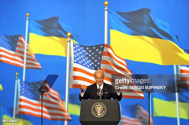 Vice President Joe Biden gestures as he addresses the people of Ukraine in Kiev on July 22, 2009. Joe Biden was to outline a new US view of relations...