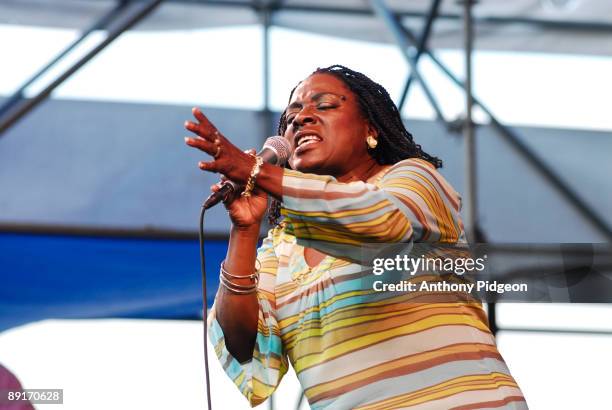 Sharon Jones of Sharon Jones and the Dap Kings performs on stage at the Waterfront Blues Festival at Tom McCall Waterfront Park on July 5, 2009 in...