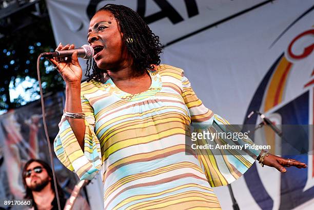 Sharon Jones of Sharon Jones and the Dap Kings performs on stage at the Waterfront Blues Festival at Tom McCall Waterfront Park on July 5, 2009 in...