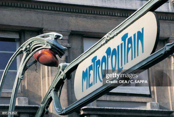 Close-up of a Paris metro sign, Paris, France