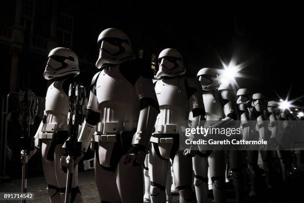 Stormtroopers march the red carpet at the European Premiere of Star Wars: The Last Jedi at the Royal Albert Hall on December 12, 2017 in London,...