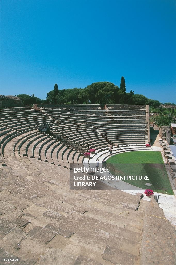 High angle view of tourists at an amphitheatre, Ostia, Lazio, Italy