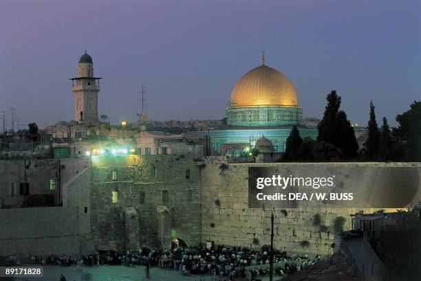 High angle view of a group of people in front of a wall, Wailing Wall, Dome Of The Rock, Jerusalem, Israel
