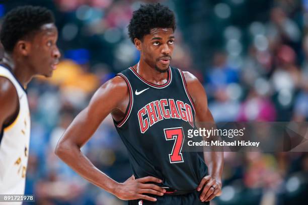 Justin Holiday of the Chicago Bulls is seen during the game against the Indiana Pacers at Bankers Life Fieldhouse on December 6, 2017 in...
