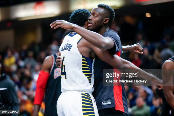 Victor Oladipo of the Indiana Pacers and Jerian Grant of the Chicago Bulls greet each other after the game at Bankers Life Fieldhouse on December 6,...