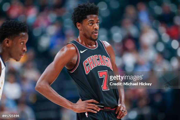 Justin Holiday of the Chicago Bulls is seen during the game against the Indiana Pacers at Bankers Life Fieldhouse on December 6, 2017 in...