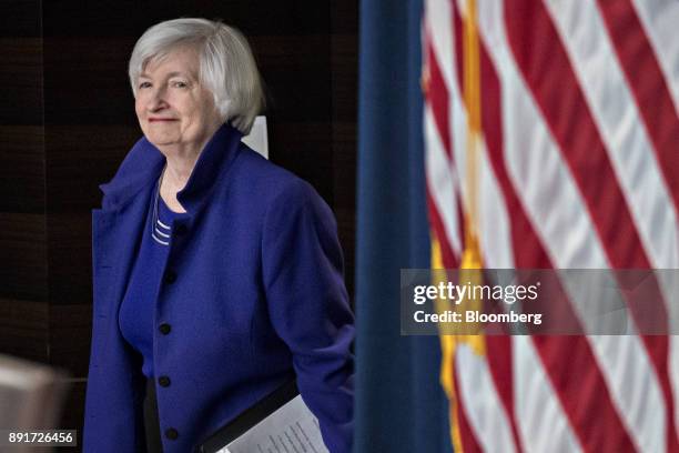 Janet Yellen, chair of the U.S. Federal Reserve, arrives to a news conference following a Federal Open Market Committee meeting in Washington, D.C.,...