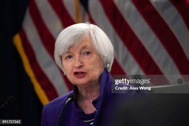 Federal Reserve Chair Janet Yellen speaks during a news conference December 13, 2017 in Washington, DC. Yellen announced that the Federal Reserve is...