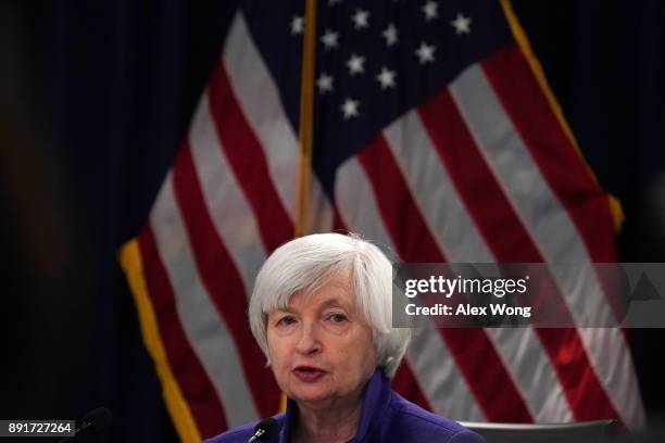 Federal Reserve Chair Janet Yellen speaks during a news conference December 13, 2017 in Washington, DC. Yellen announced that the Federal Reserve is...