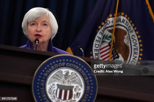 Federal Reserve Chair Janet Yellen speaks during a news conference December 13, 2017 in Washington, DC. Yellen announced that the Federal Reserve is...