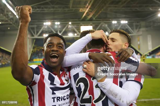 Ben Rienstra of Willem II celebrates 1-2 with Bartholomew Ogbeche of Willem II, Fran Sol of Willem II during the Dutch Eredivisie match between...