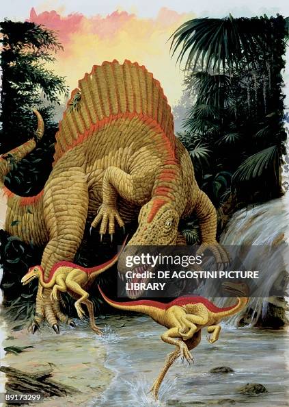 Hunting Rinosauras Fake Spinosaurus dinosaur hunting another dinosaurs News Photo - Getty Images
