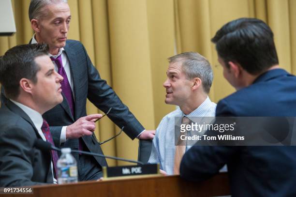 From left, Reps. Matt Gaetz, R-Fla., Trey Gowdy, R-S.C., Jim Jordan, R-Ohio, and Mike Johnson, R-La., attend a House Judiciary Committee hearing in...