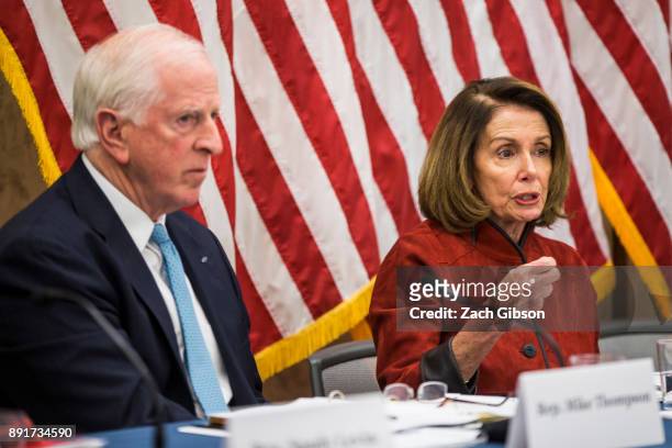 House Minority Leader Nancy Pelosi speaks alongside U.S. Rep. Mike Thompson during a forum held by Democratic members of the House Ways and Means...