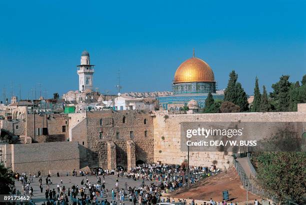 High angle view of a group of people in front of a wall, Wailing Wall, Dome Of The Rock, Jerusalem, Israel