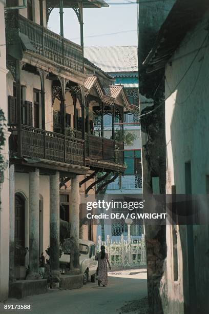 Rear view of a woman walking in an alley, Stone Town, Zanzibar, Tanzania