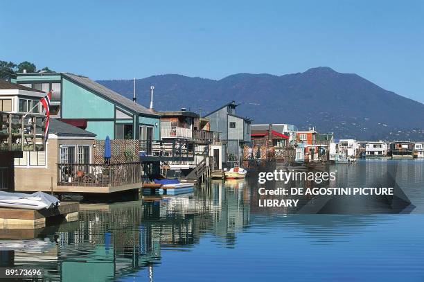 Reflection of buildings in water, Sausalito, San Francisco Bay, California, USA