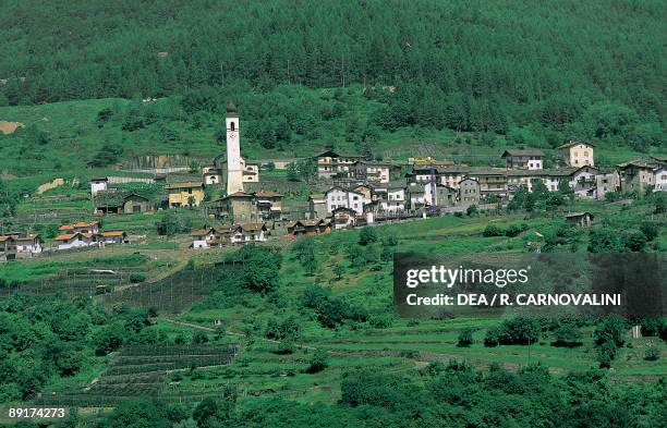 Aerial view of buildings on a landscape, Grumes, Cembra Valley, Trentino, Italy