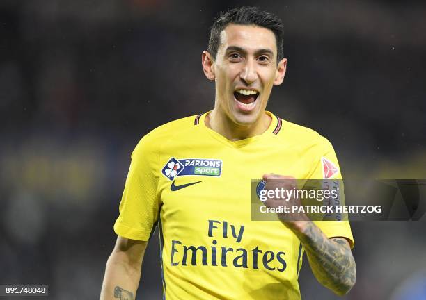 Paris Saint-Germain's Argentinian forward Angel Di Maria celebrates after scoring a goal during the French League Cup round of 16 football match...