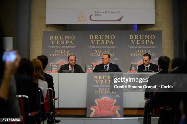 Bruno Vespa,Silvio Berlusconi and Antonio Polito, during the presentation of Bruno Vespa's book " Soli al Comando, at the Tempio di Adriano, on...