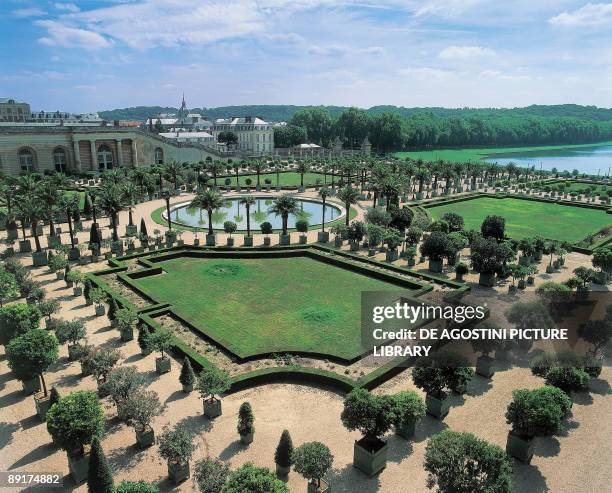 High angle view of a formal garden in front of a palace, Palace Gardens, Palace of Versailles, Ile-De-France, France