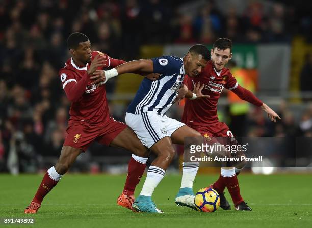 Georginio Wijnaldum of Liverpool with Hal Robson-Kanu of West Brom during the Premier League match between Liverpool and West Bromwich Albion at...