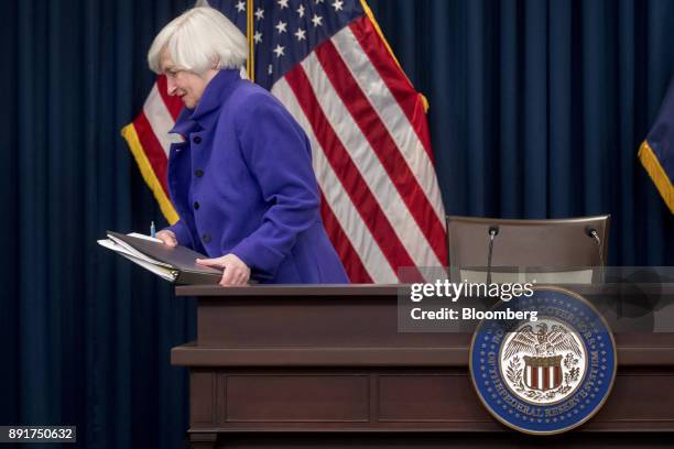 Janet Yellen, chair of the U.S. Federal Reserve, exits after a news conference following a Federal Open Market Committee meeting in Washington, D.C.,...