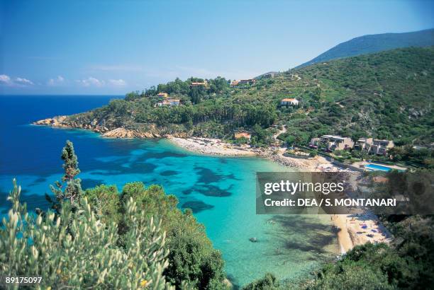 High angle view of a coastline, Cala delle Cannelle, Giglio Island, Tuscany, Italy