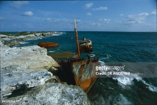 Old ruins of a ship on the coast, San Salvador Island, Bahamas
