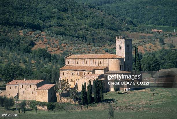 Abbey at a hillside, Abbey Of Sant'Antimo, Montalcino, Orcia Valley, Tuscany, Italy