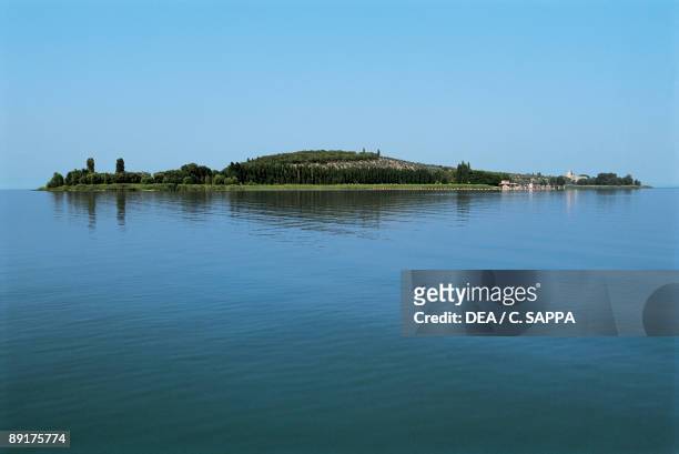 Island in a lake, Lake Trasimeno, Umbria, Italy