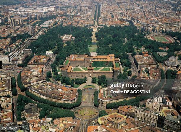 Aerial view of a city, Castello Sforzesco, Milan, Lombardy, Italy