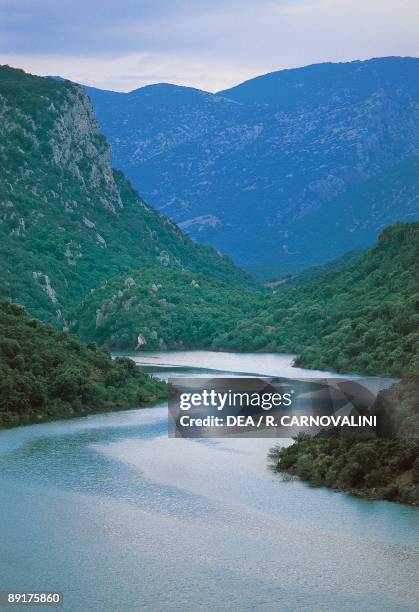 River flowing between mountains, Flumineddu River, Gennargentu National Park, Gulf of Orosei, Sardinia, Italy