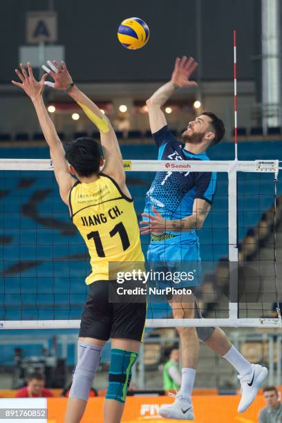 Chuan Jiang , Matthew Anderson , during FIVB Volleyball Men's World Club Championship match between Russia's Zenit Kazan and China's...