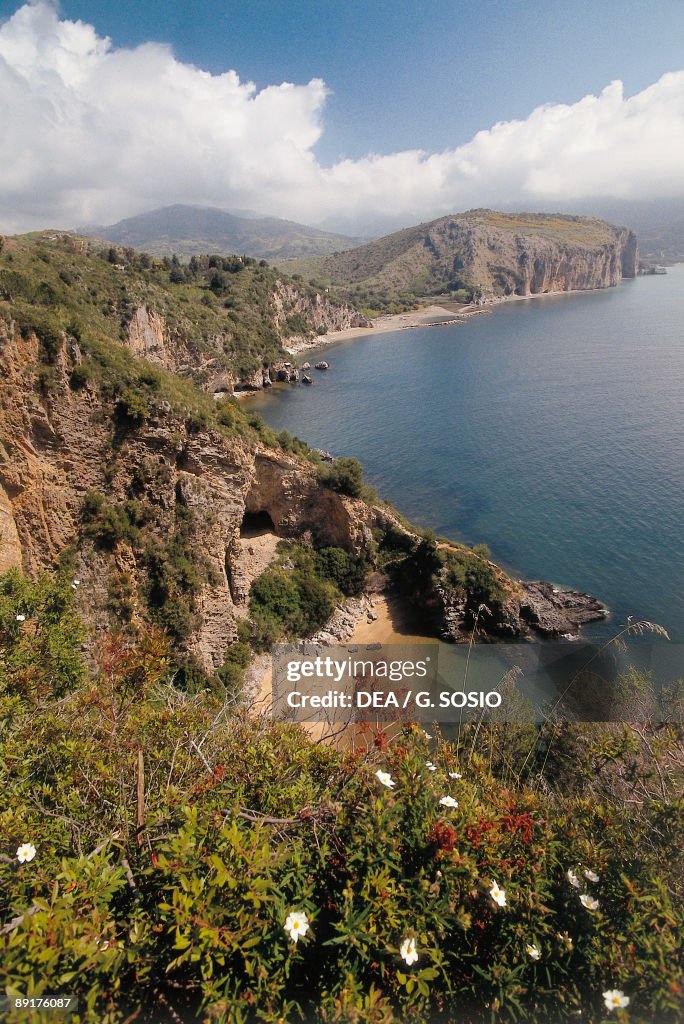 High angle view of an inlet, Cilento and Vallo Di Diano National Park, Campania, Cape Palinuro, Cala Del Buondormire, Italy
