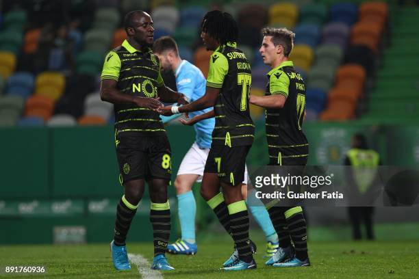 Sporting CP forward Gelson Martins from Portugal celebrates with teammates after scoring a goal during the Portuguese Cup match between Sporting CP...