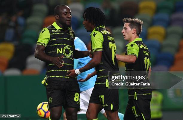 Sporting CP forward Gelson Martins from Portugal celebrates with teammates after scoring a goal during the Portuguese Cup match between Sporting CP...