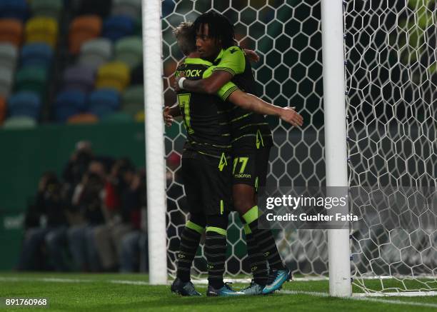 Sporting CP forward Gelson Martins from Portugal celebrates with teammate Sporting CP forward Daniel Pondence from Portugal after scoring a goal...