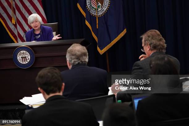 Federal Reserve Chair Janet Yellen speaks during a news conference December 13, 2017 in Washington, DC. Yellen announced that the Federal Reserve is...
