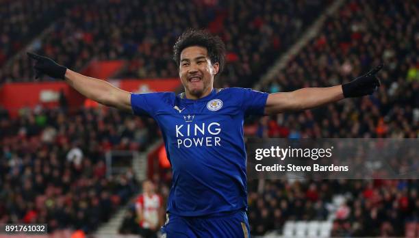 Shinji Okazaki of Leicester City celebrates after scoring his sides fourth goal during the Premier League match between Southampton and Leicester...