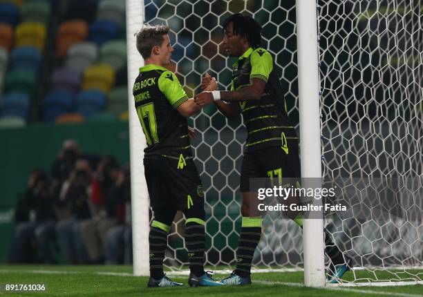 Sporting CP forward Gelson Martins from Portugal celebrates with teammate Sporting CP forward Daniel Pondence from Portugal after scoring a goal...