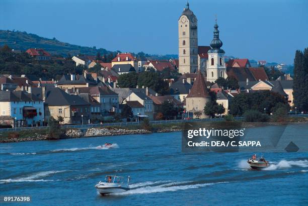 Speedboats moving in the river, Krems An Der Donau, Wachau, Lower Austria, Austria